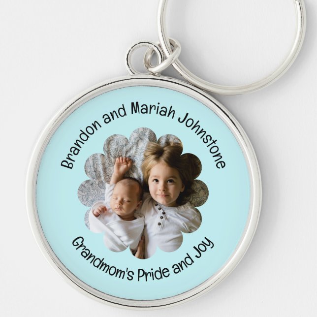 Your Custom Photo in Flower Two Lines Text  Key Ring (Front)