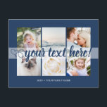 Your custom text 6 photos collage universal postcard<br><div class="desc">Script with Heart Your custom text 6 photos collage universal Postcard. Personalised 6 family collage photos Universal Greetings Postcards featuring a stylish photo collage with 6 customised images, your greetings message in elegant handwritten script font, your name, date, year, message on the back in a modern and simple classic navy...</div>