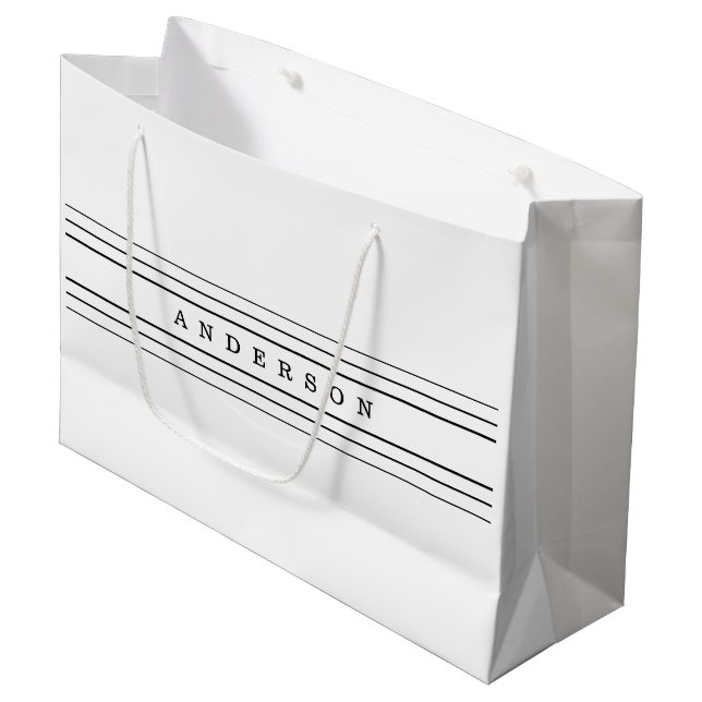 Your Custom Text & Modern Stripes | Black & White Large Gift Bag (Front Angled)