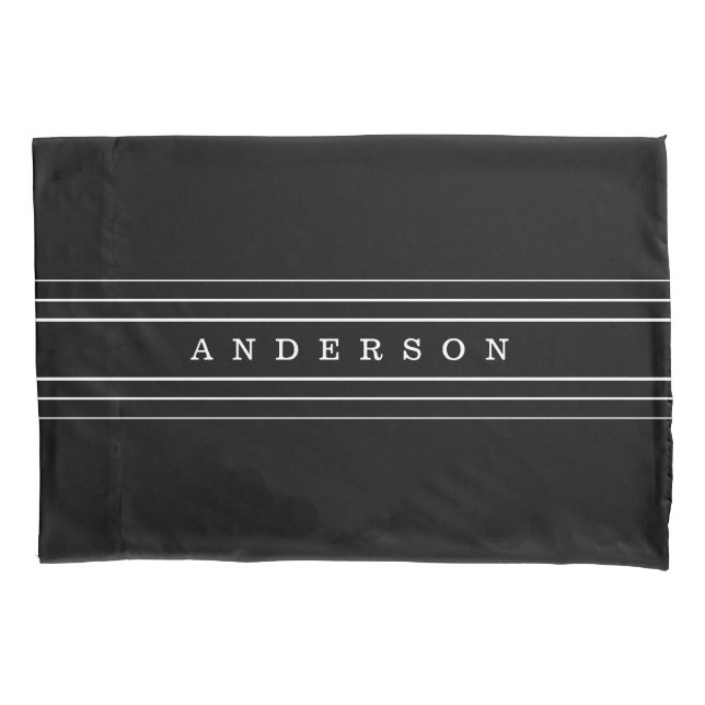 Your Custom Text & Modern Stripes | Black & White Pillowcase (Front-Left)