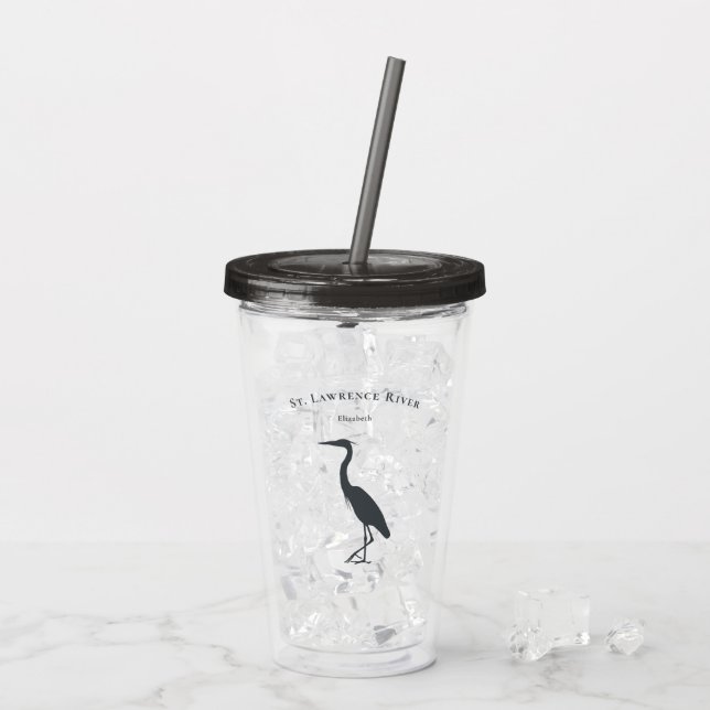 your custom text name Great Blue Heron silhouette  Acrylic Tumbler (Back Ice)