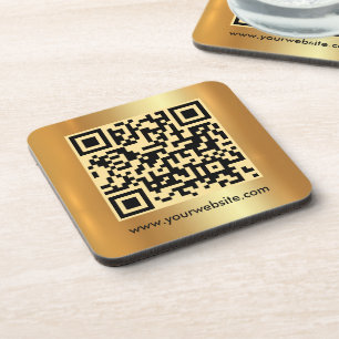Your Custom Text QR Code Gold Square Template Coaster
