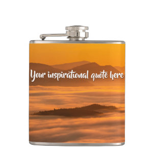 Your custom text sunrise above foggy landscape hip flask