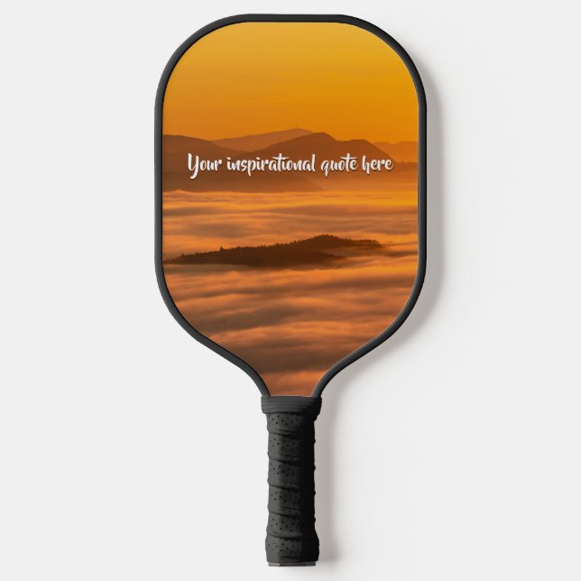 Your custom text sunrise above foggy landscape pickleball paddle (Front)