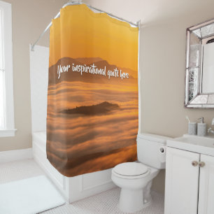 Your custom text sunrise above foggy landscape shower curtain
