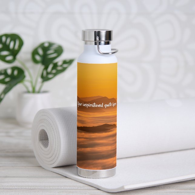 Your custom text sunrise above foggy landscape water bottle (Yoga)