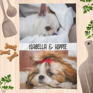 Your cute pet dog puppy photos custom names text tea towel