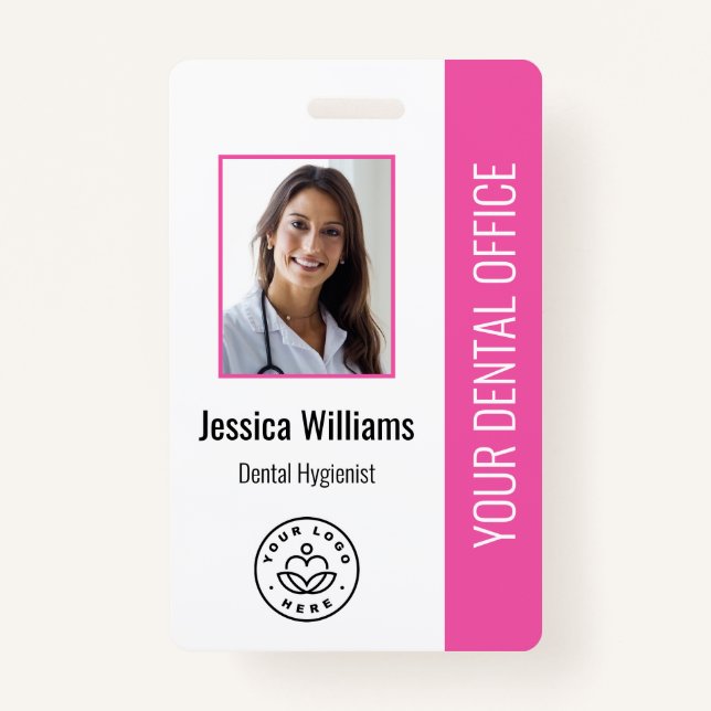 Your Dentist Office Logo Photo ID Pink ID Badge (Front)