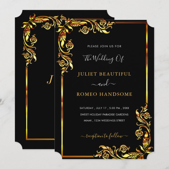 Your Design Black Gold Wedding Invitation Template (Front/Back)