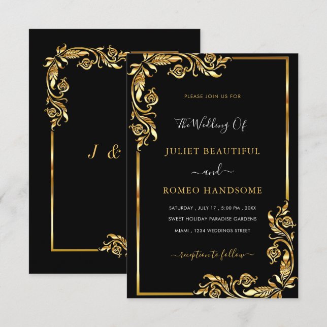 Your Design Black Gold Wedding Invitation Template (Front/Back)