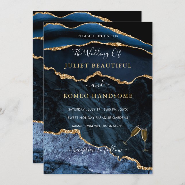 Your Design Blue Gold Wedding Invitation Example (Front/Back)