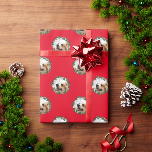 Your Dog in Christmas Wreath Red Wrapping Paper (Holiday Gift)