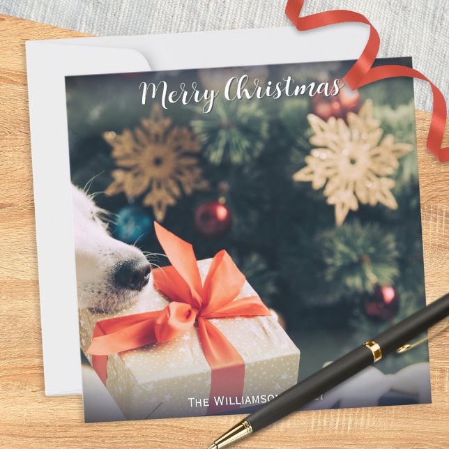 Your Dog Photo Custom Name Modern Merry Christmas Holiday Card (A Christmas card for you to personalize with a photo of your dog and your own text underneath)