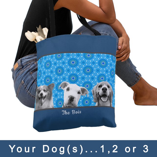 Your Dog(s) Photo for Dog Mum Lovers Blue Pattern Tote Bag (Creator Uploaded)