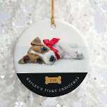 Your Dog's First Christmas | Charcoal with Photos Ceramic Ornament<br><div class="desc">This adorable holiday ornament says the name of your dog,  and that it's their first Christmas! You can add the year in the center of the cute dog bone,  and add your puppy's photo to the front and another on the back.</div>
