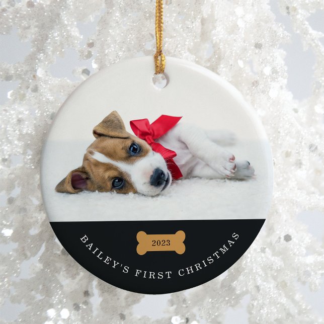 Your Dog's First Christmas | Charcoal with Photos Ceramic Ornament (Creator Uploaded)