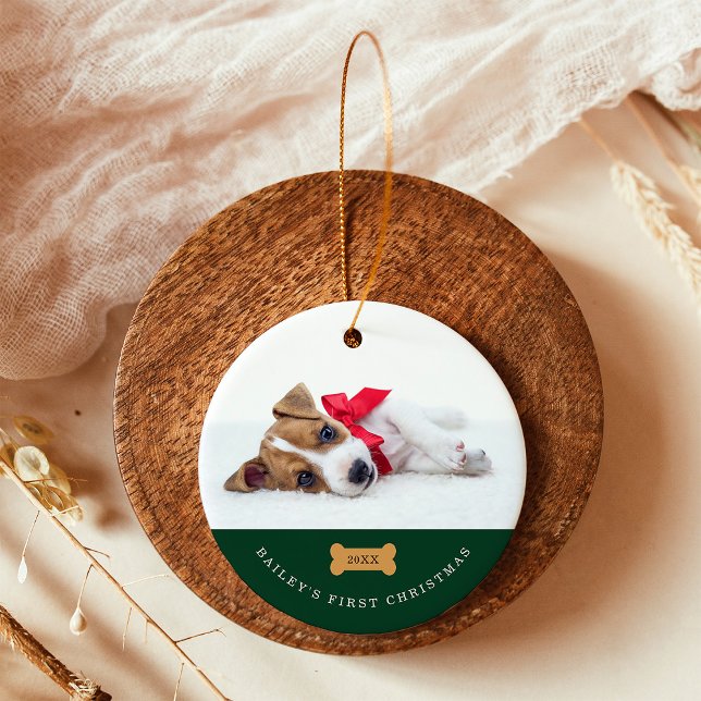 Your Dog's First Christmas | Green with Two Photos Ceramic Ornament (The cutest, green ornament with your puppy's photo, to celebrate your dog's first Christmas)