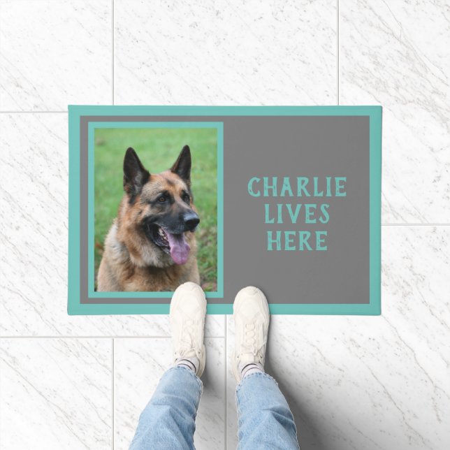 Your dog's photo and name, grey background doormat (Indoor)