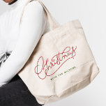 Your Family Christmas Modern Script Family Name Large Tote Bag<br><div class="desc">Modern,  minimalist Christmas calligraphy design with your family name! Simple yet classic stylish in red and green,  this cute tote makes for the perfect festive accessory! Rock the holidays in our personalised totes with modern script. Tis the season for stylish joy! 🛍️🎄 #ChristmasStyle #FamilyFun</div>