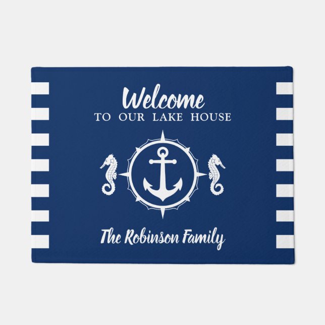 Your Family Name Lake House Seahorse Anchor Doormat (Front)