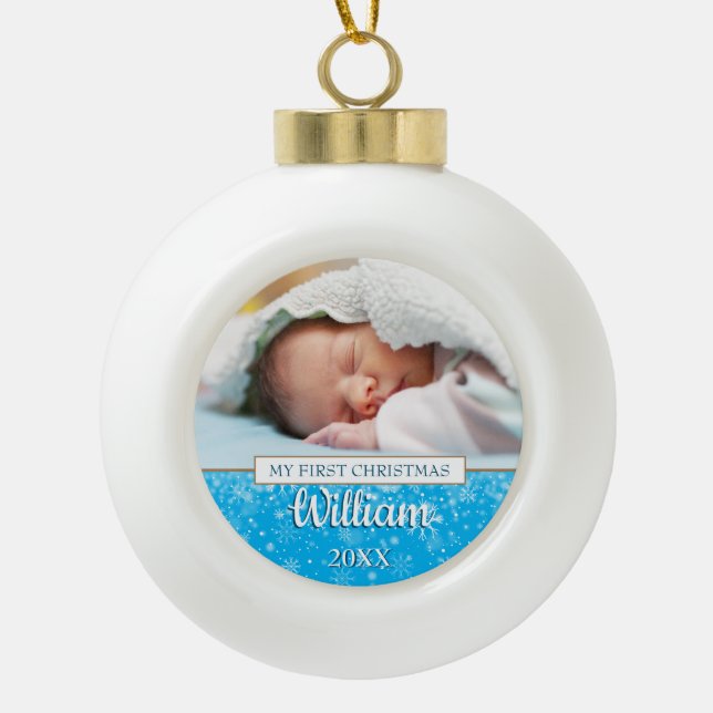 Your Favourite Baby Photo First Christmas Ceramic Ball Christmas Ornament (Front)
