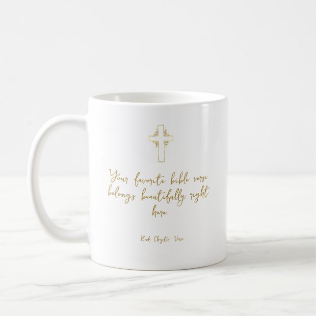 Your favourite bible verse - gold cross coffee mug (Left)