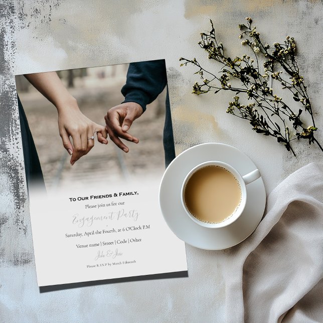 Your favourite photo engaged announcement party (Engagement party invitation photo card with silver grey and black text on a white background)