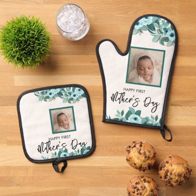 Your First Mother's Day Rose Greenery Photo Oven Mitt & Pot Holder Set (Top Down)