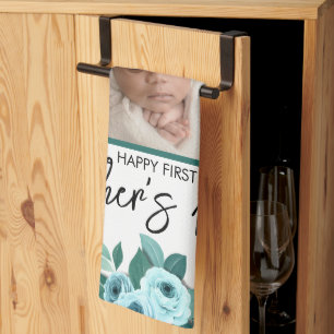 Your First Mother's Day Rose Greenery Photo Tea Towel