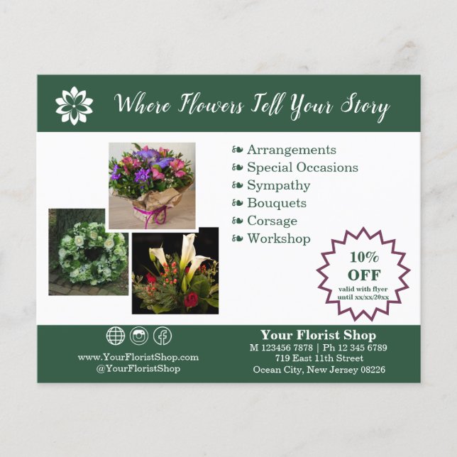 🌸Your Florist Shop Green and White Promotional Flyer (Front)