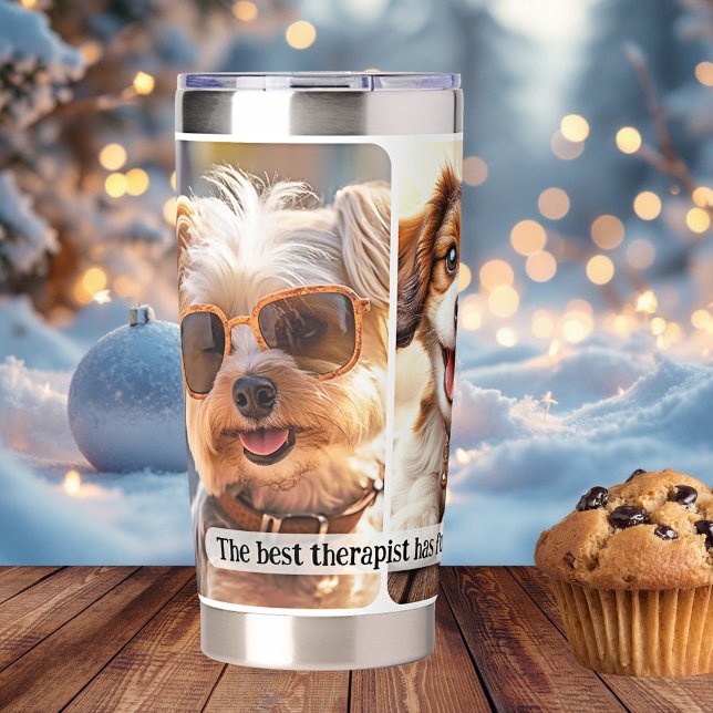 Your Funny Quote 3 Dog Photos Insulated Tumbler (Insulated thermal tumbler featuring your own 3 dog photos and funny quote - dog lover)