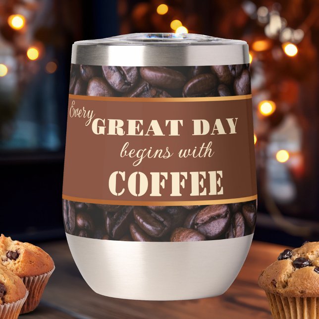 Your Funny Quotes Coffee Lover Insulated Tumbler (Insulated tumbler featuring your funny quotes on chocolate brown with rose gold and coffee beans)