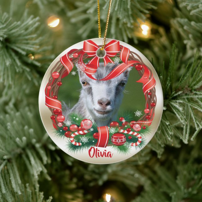 YOUR GOAT PHOTO with Wreath Ceramic Ornament (Tree)
