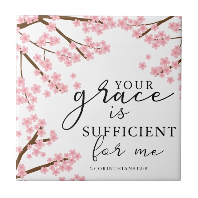 Your Grace is Sufficient Bible Cherry Blossoms Ceramic Tile (Front)