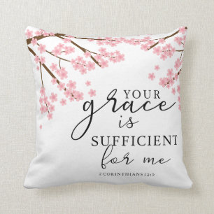 Your Grace is Sufficient Bible Verse Pink Blossoms Cushion
