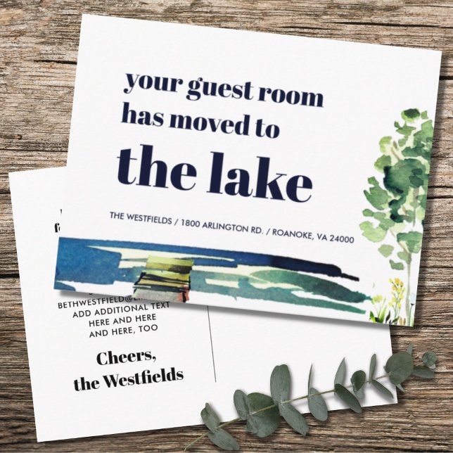 Your Guest Room Has Moved to the Lake New Home Announcement Postcard (Creator Uploaded)
