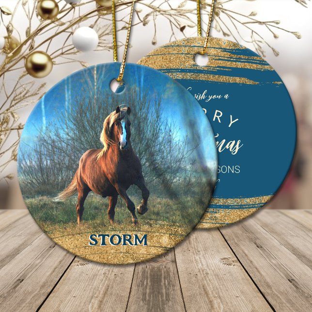 Your horse photo Christmas gold glitter Ceramic Ornament (Your horse photo Christmas gold glitter Ceramic Ornament)