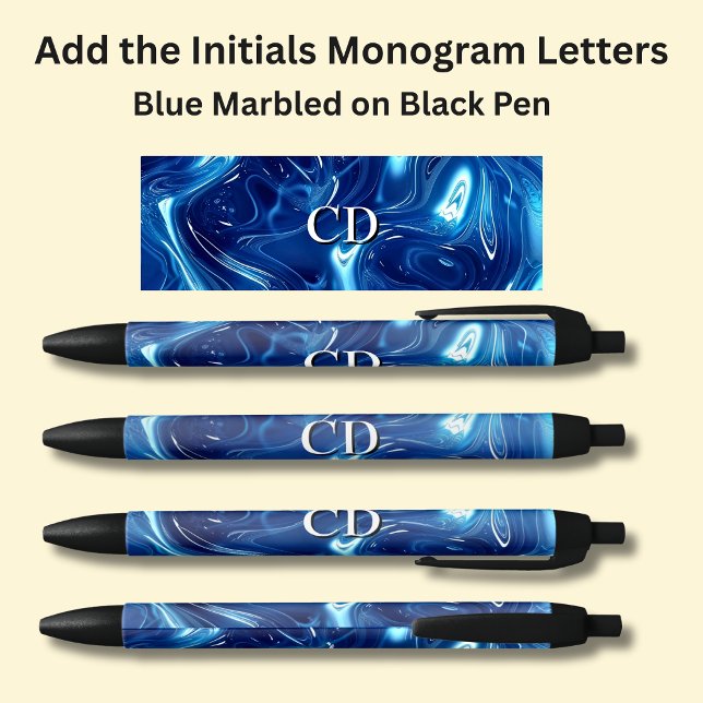 Your Initials Monogram Blue Marbled Black Ink Pen (Creator Uploaded)