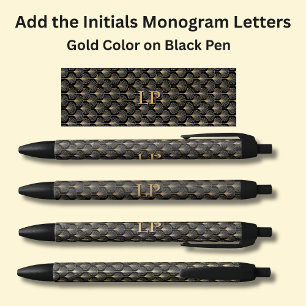 Your Initials Monogram Gold Geometric on Black Black Ink Pen