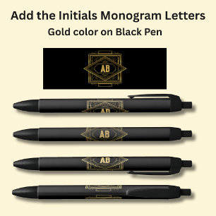 Your Initials Monogram Gold Geometric on Black Black Ink Pen