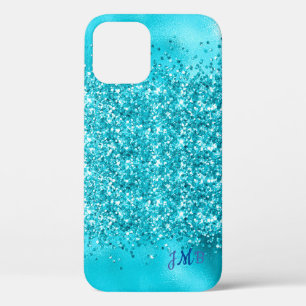 Your Initials Turquoise Glitter   iPhone 12 Case