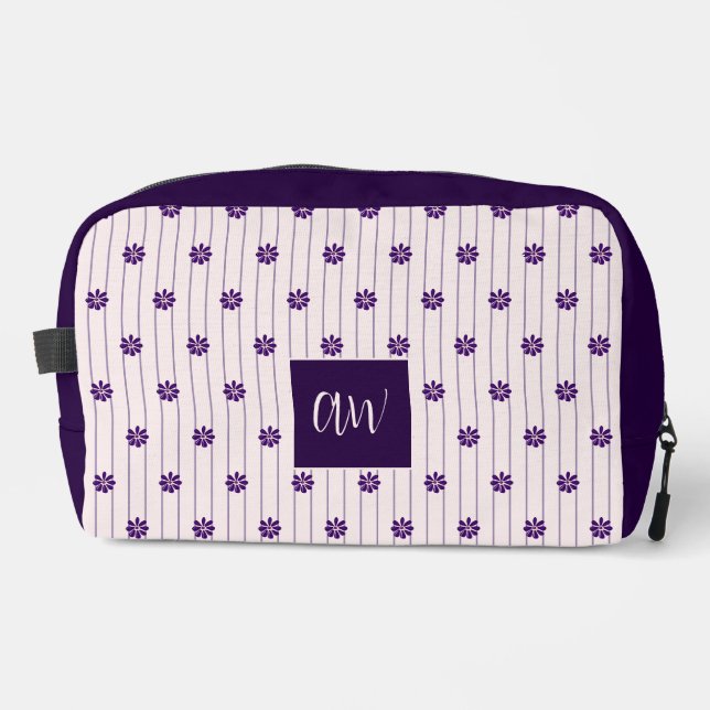 Your Initials Violet & Blush Stripes Purple Blooms Dopp Kit (Front)