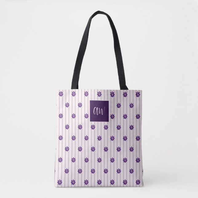 Your Initials Violet, Blush Stripes Violet Flowers Tote Bag (Front)