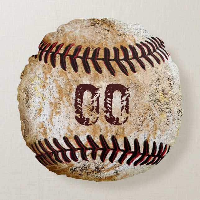 Your JERSEY NUMBER Round Vintage Baseball Pillows (Front)