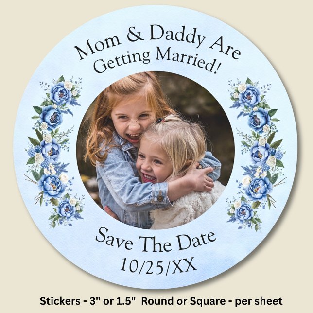 Your Kids Photo Mum Dad Getting Married Blue Peony Classic Round Sticker (Creator Uploaded)