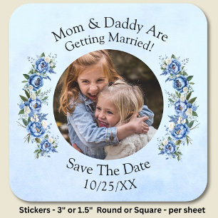 Your Kids Photo Mum Dad Getting Married Blue Peony Square Sticker