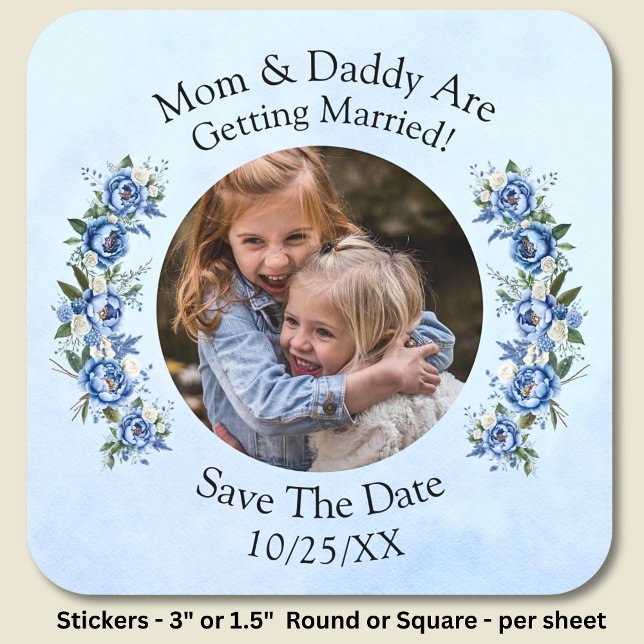 Your Kids Photo Mum Dad Getting Married Blue Peony Square Sticker (Creator Uploaded)