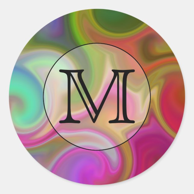 Your Letter, Colourful Swirls and Custom Monogram. Classic Round Sticker (Front)