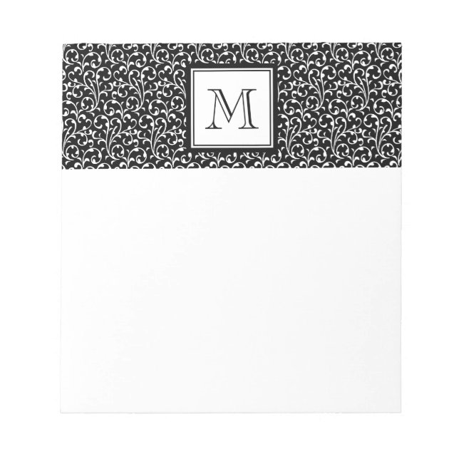 Your Letter. Custom Monogram. Black White Swirls Notepad (Front)