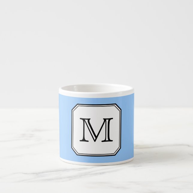 Your Letter. Custom Monogram. Blue Black White. Espresso Cup (Front)